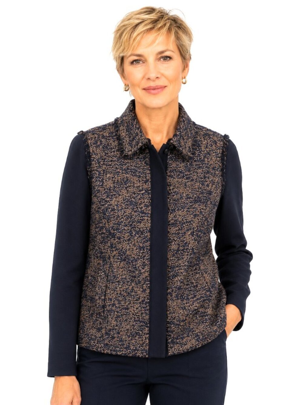 Worth Navy Blue Copper Metallic Wool Fringe Trim Blazer Jacket